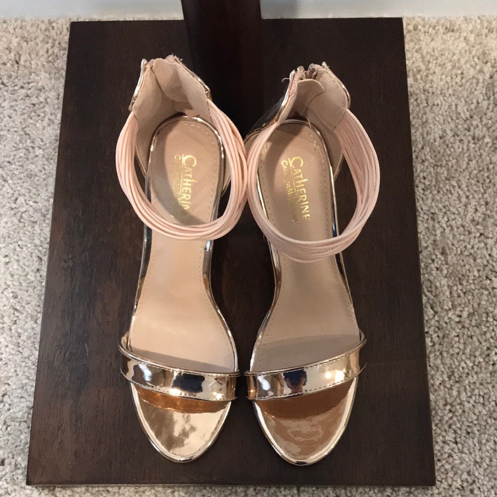Final Price- CATHERINE MALANDRINO Metallic Rose Gold Ankle-Strap Heels - Picture 1 of 16